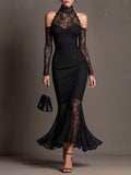 Black Lace Panel High-Neck Cold-Shoulder Mermaid Dress