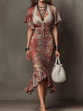 Brick Red Tie-Dye Deep V Lace Trim Ruched Mermaid Midi Dress