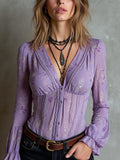 Lavender Lace-Trimmed Floral Chiffon V-Neck Blouse
