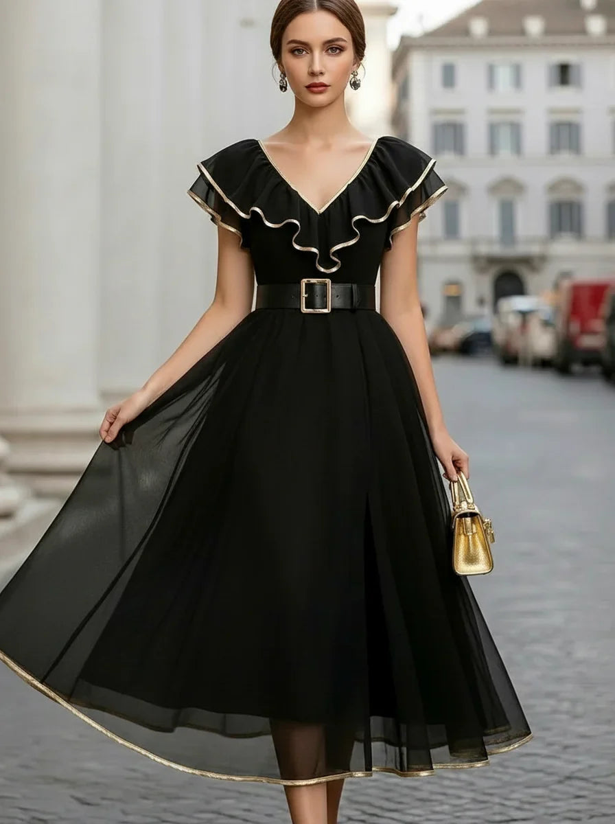 V Neck Gold Trim Ruffle Belted Black Chiffon Midi Evening Dress