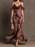 Brown Tie-Dye Print Cami Off-Shoulder Ruffle Mesh Mermaid Maxi Dress