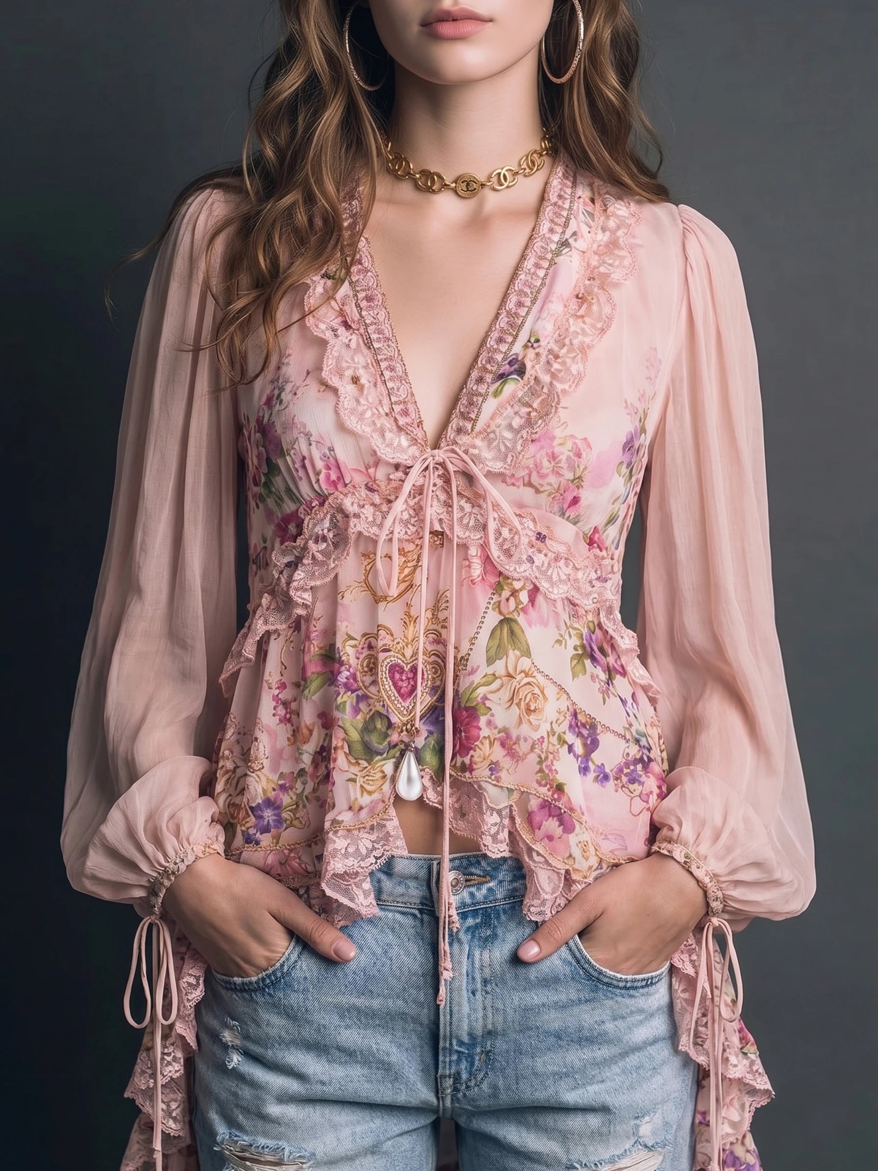 Pink Floral Lace Ruffle Tie Front Peplum Blouse