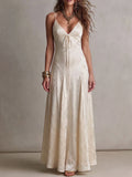 Women Deep V Tie Front Embossed Floral Satin Spaghetti Strap Maxi Slip Dress
