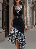 Suit Collar Zebra Print Patchwork Waisted Irregular Ruffle Sleeveless Dress