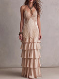 Nude Champagne Lace Panel Deep V Spaghetti Strap Satin Tiered Maxi Dress