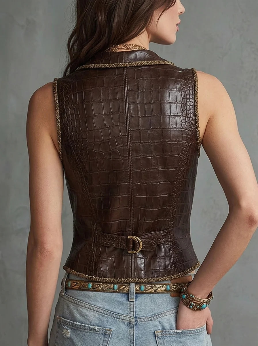 Dark Brown Croc Faux Leather Vest with Gold Braided Trim