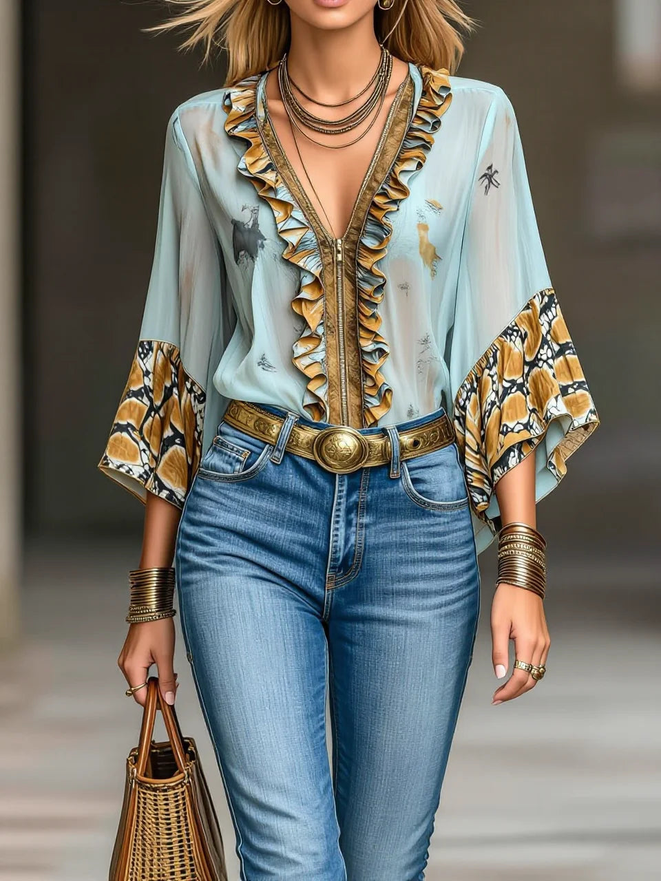 Light Blue Contrast Ethnic Print Ruffled V-Neck Flare Sleeve Blouse