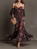 Dark Brown Vintage Floral Print Off-Shoulder Ruched Maxi Dress