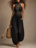 Black Lace Halter High Neck Tank Top & Sheer Harem Jogger Pants Boho Two-Piece Set