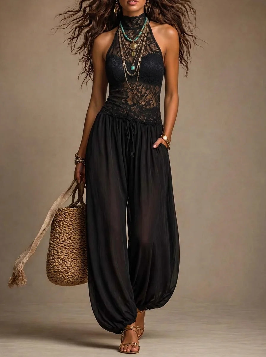 Black Lace Halter High Neck Tank Top & Sheer Harem Jogger Pants Boho Two-Piece Set