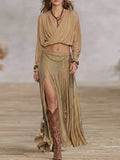 Khaki Wrap V-neck Crop Top & Shimmer Gold High Slit Maxi Skirt Set