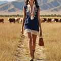 Navy Embroidered Fringe Sleeveless Shirt Dress