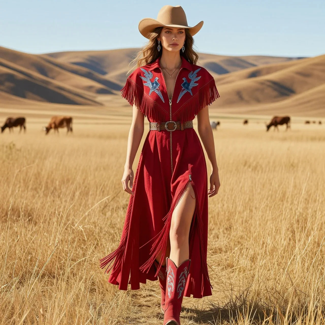 Burgundy Bird Embroidery Fringe Belted Slit Maxi Dress