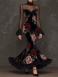 Black Velvet Rose Print Mesh Panel High Neck Mermaid Gown
