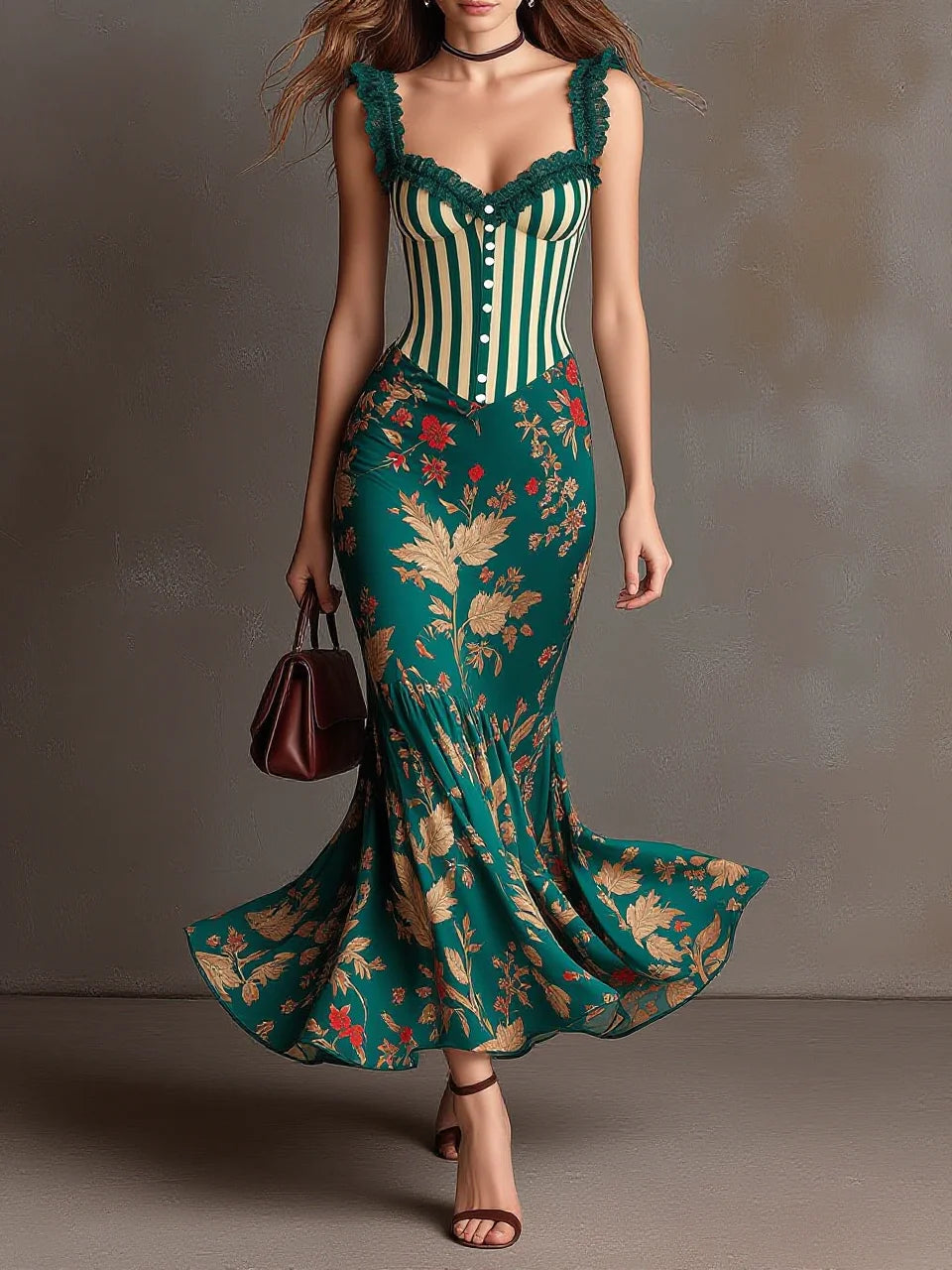 Dark Green Striped Floral Print Lace-Trim Cami Mermaid Dress