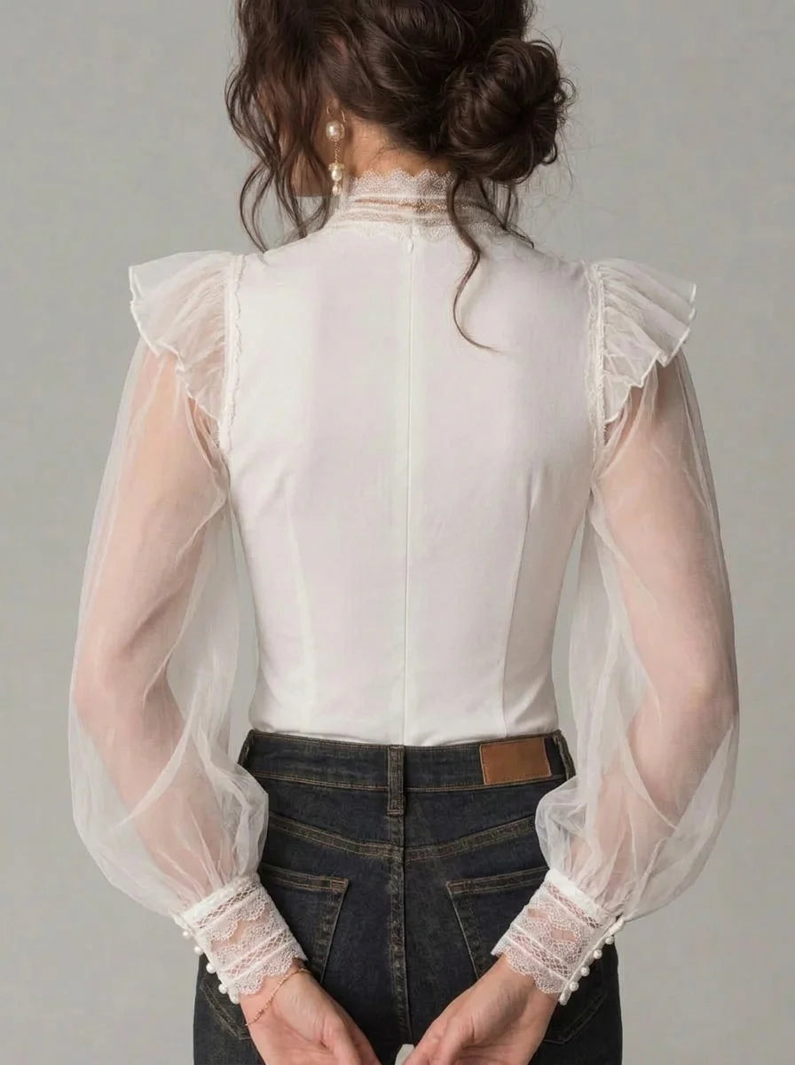 White Lace High Neck Sheer Tulle Puff Sleeve Corset Blouse