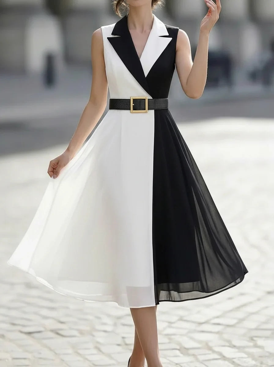 Blazer Collar Color Block Belted Sleeveless Chiffon Midi Dress