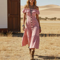 Pink Denim Off-Shoulder Button-Front Midi Dress