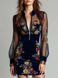 Navy Velvet Mesh Floral Embroidery Stand Collar Mini Dress