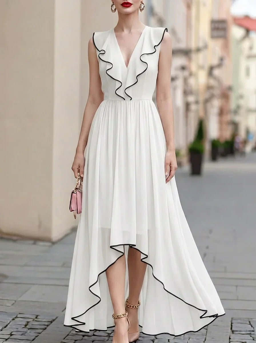 Black Trim Ruffle V Neck Sleeveless High Low Chiffon Maxi Dress
