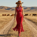 Red Embroidered Fringe Sleeveless Bodycon Midi Dress