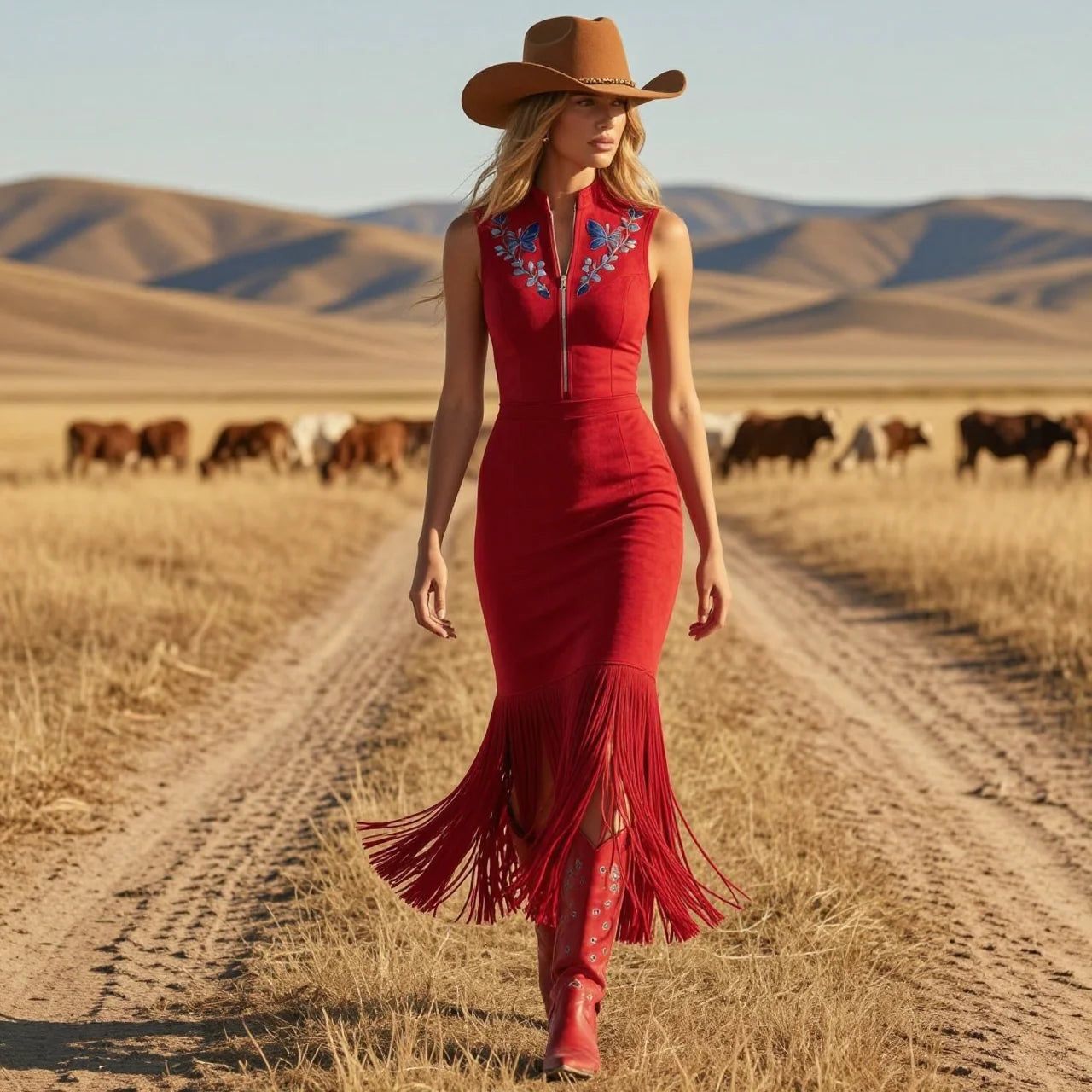 Red Embroidered Fringe Sleeveless Bodycon Midi Dress