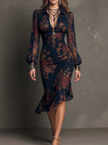 Navy Vintage Floral Print Collared Sheer Waisted Midi Dress