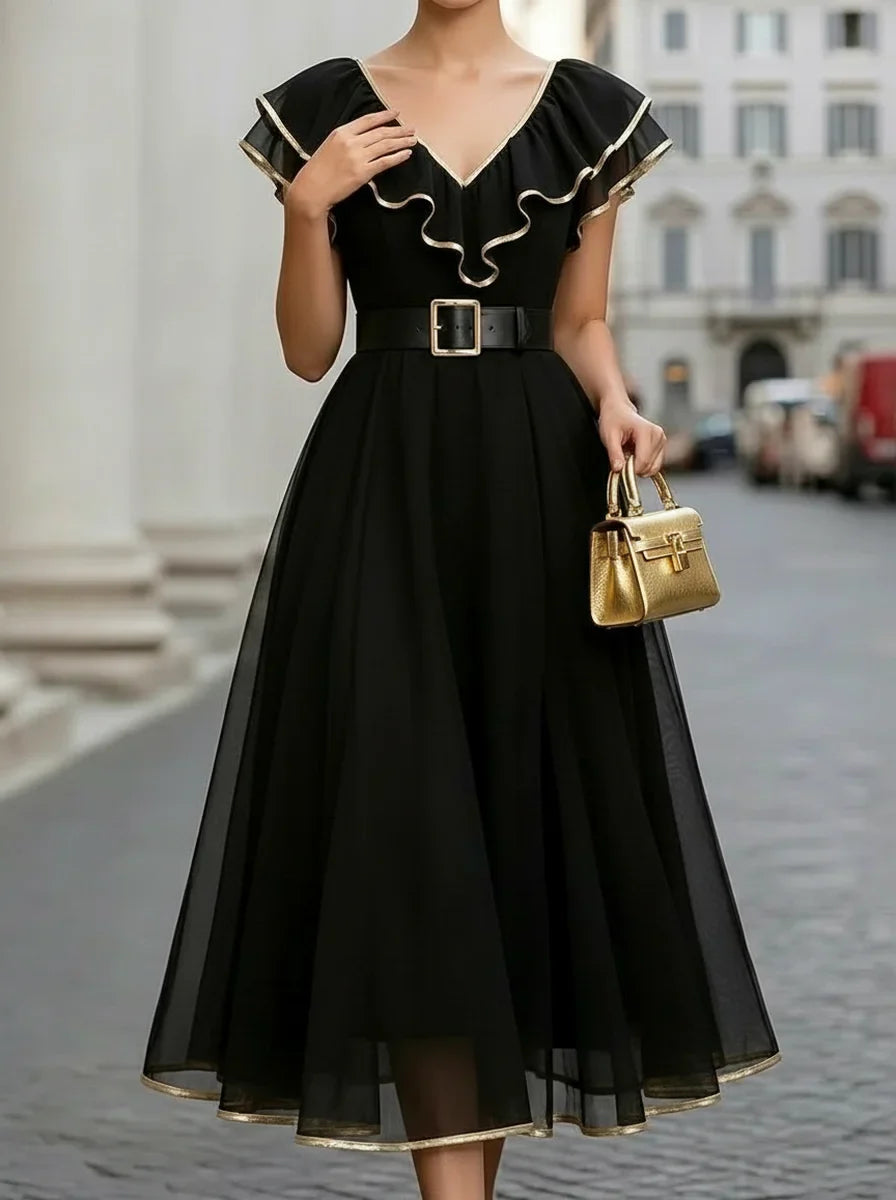 V Neck Gold Trim Ruffle Belted Black Chiffon Midi Evening Dress