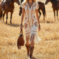 Cream & Tan Western-Style Hooded Embroidered Fringe Form-Fitting Midi Dress