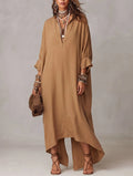 Khaki V-neck Half Placket Loose Batwing Sleeve Irregular Hem Long Shirt Dress