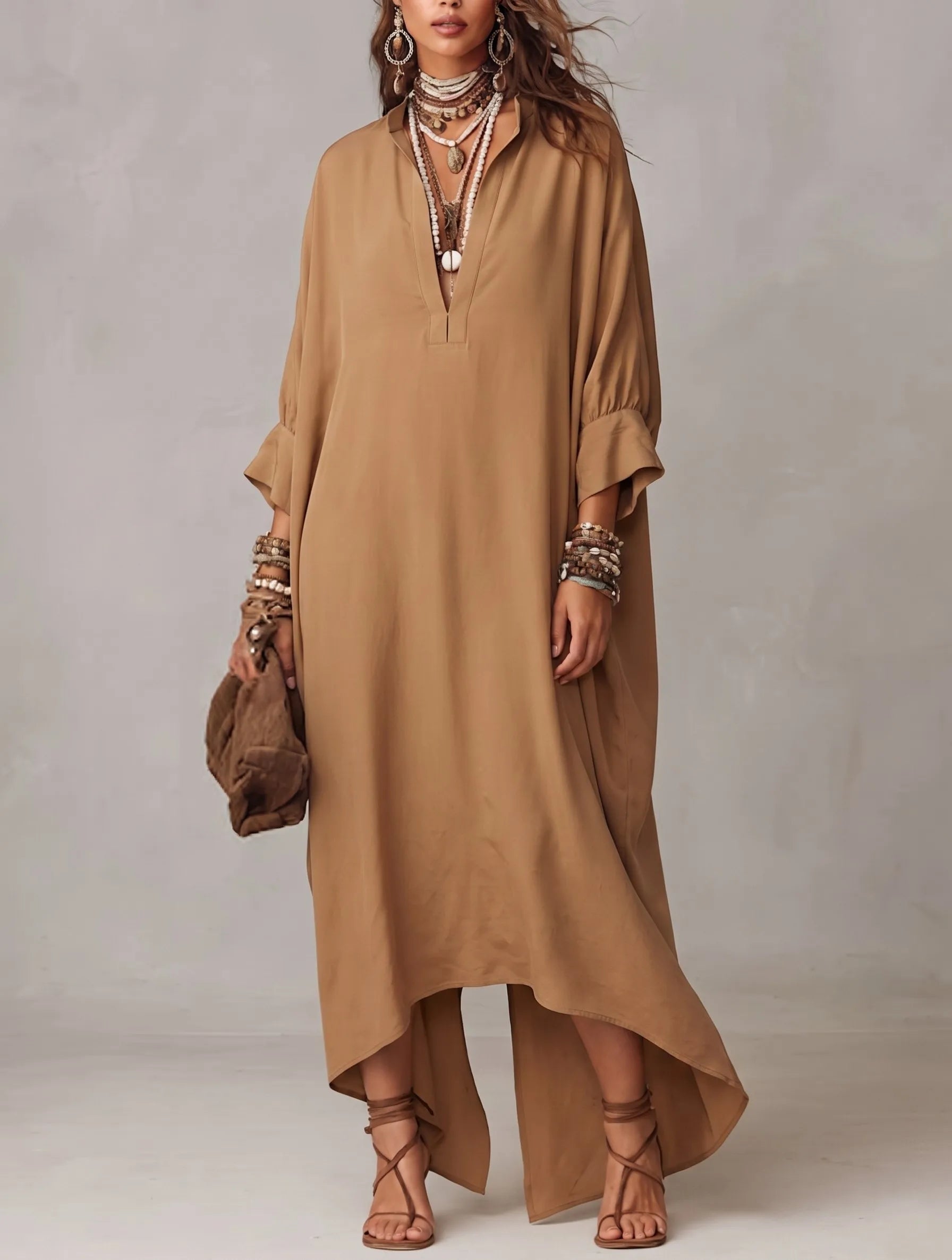 Khaki V-neck Half Placket Loose Batwing Sleeve Irregular Hem Long Shirt Dress