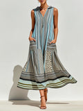 Stripe Leopard Patchwork Collared Sleeveless V-Neck Zip Maxi Dress