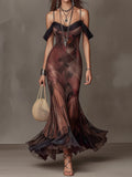 Deep Brown Sheer Print Off-Shoulder Mesh Mermaid Maxi Dress