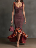 Burgundy Stripe 3D Flower Spaghetti Strap Drawstring Irregular Print Mermaid Maxi Dress