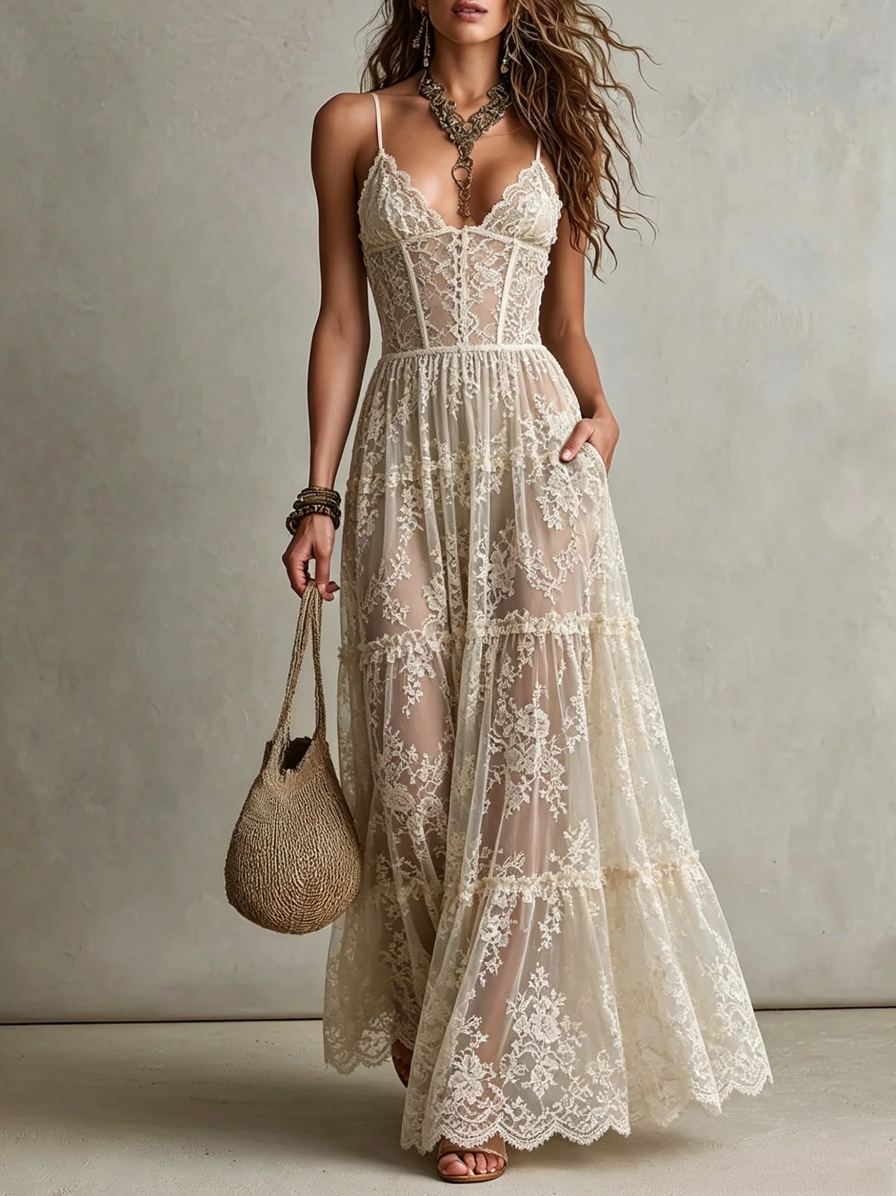 Women Spaghetti Strap Deep V Corset Floral Lace Tiered Sheer Maxi Dress