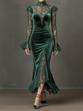 Dark Green Velvet Lace High Neck Long Sleeve Slit Mermaid Evening Gown