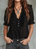 Black Lace Ruffle V-Neck Crinkle Chiffon Short Puff Sleeve Blouse