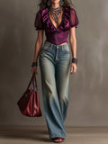Burgundy Satin Ruffle Sheer Puff Sleeve Corset Crop Top