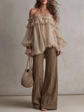 Women Off Shoulder Ruffled Sheer Puff Sleeve Loose Casual Blouse