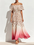 Off-White Polka Dot Gradient Off-Shoulder Cinched Waist Flared Maxi Dress