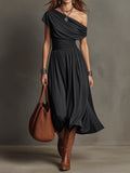 Black Draped One Shoulder Ruched Waist Midi Dress