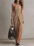 Deep Brown Belted Waist Split-Sleeve Shirt-Style Maxi Dress