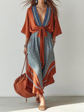 Caramel Embroidered Deep V Tie-Waist Plaid Patchwork Irregular Dress
