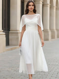 White Cape Sleeve Waisted Pleated Chiffon Midi Formal Dress