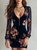 Navy Velvet Mesh Floral Print V-Neck Mini Dress