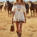 Cream Off-Shoulder Brown Embroidered Lace Fringe Short-Sleeve Mini Dress