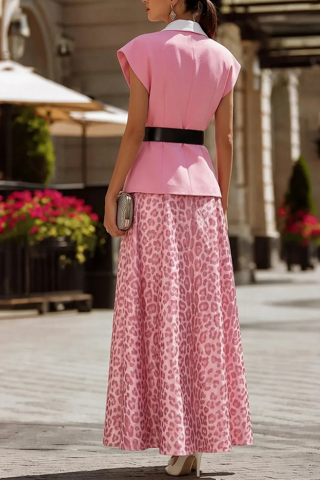 White Lapel Pink Blazer Vest + Pink Leopard Maxi Skirt Two Piece Set
