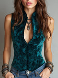 Peacock Green Tie-Dye Velvet Stand Collar Zip-Up Fitted Vest