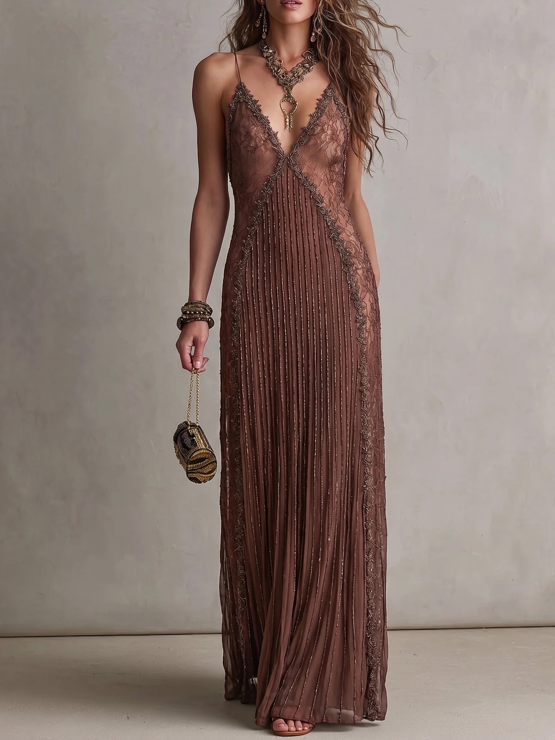 Dark Brown Lace Panel Deep V Spaghetti Strap Pleated Sheer Maxi Dress