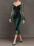 Dark Green Velvet Lace Square Neck Flare Sleeve Slim Midi Bodycon Evening Dress